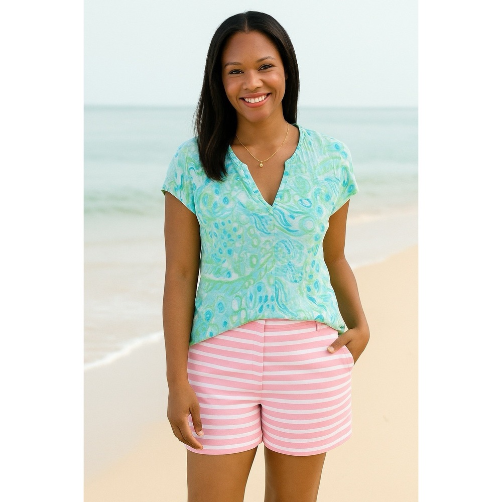 Lilly Pulitzer Linen Floral Pocket Tee Top Womens XS Preppy Coastal Beach